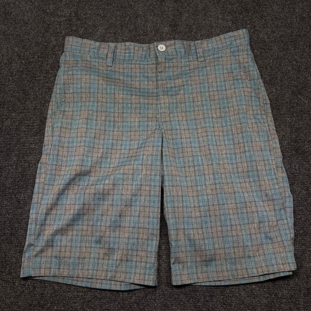IZOD Golf Shorts Mens 33 Gray Teal Blue Plaid Check Straight Stretch Performance